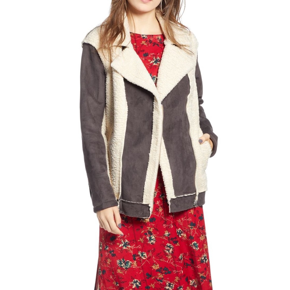 Treasure and Bond Moto Bomber Shearling Mixed Media Jacket Coat Size Large - Picture 7 of 8